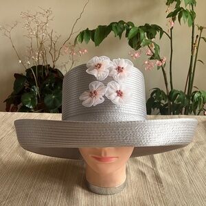 Chic Gray Satin Ribbon Hat With Pink Floral Accents